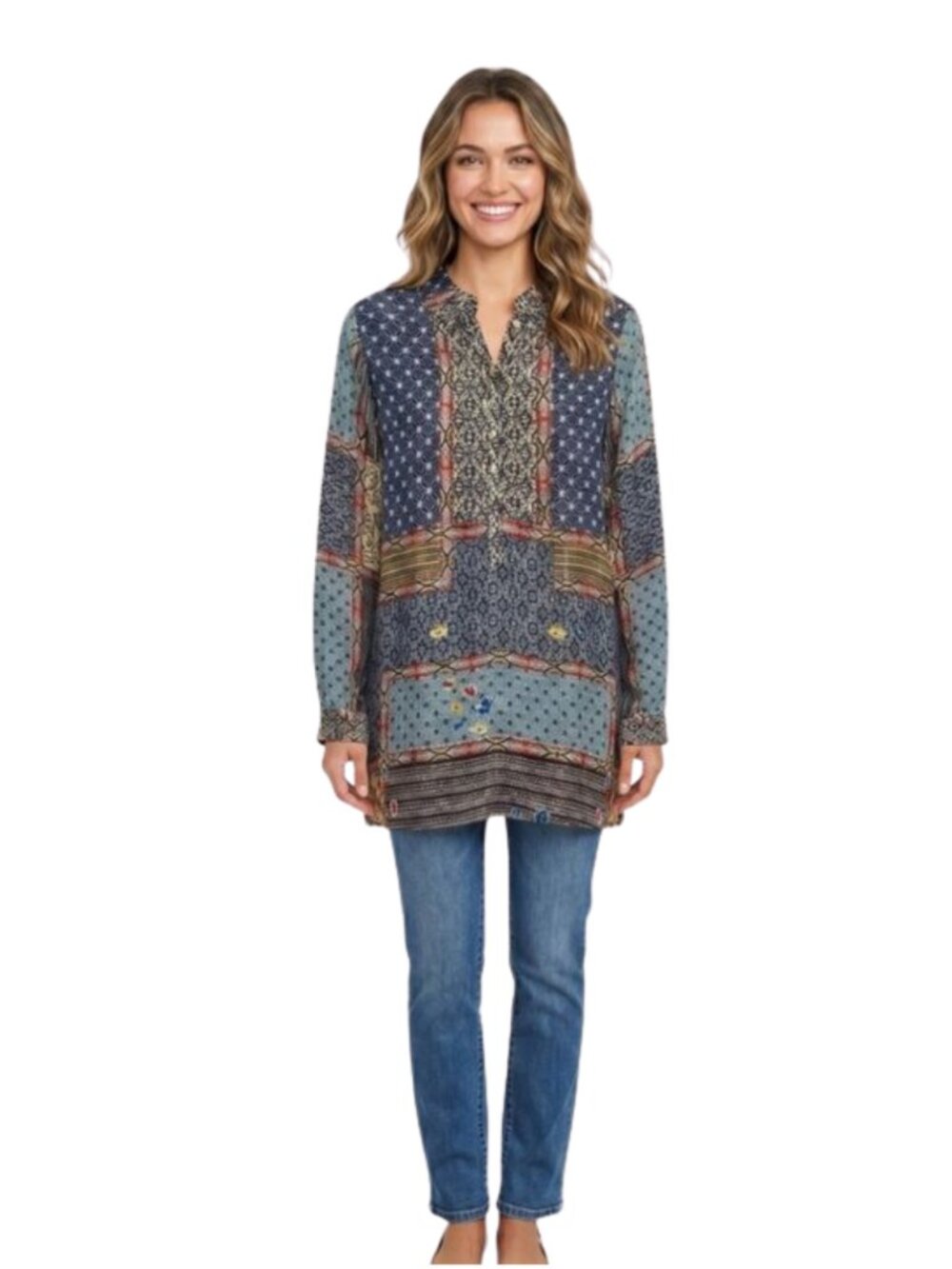 Johnny Was Patchwork Cupra Rayon Tunic Blouse M Boho Silk Feel Roll Tab Sleeve